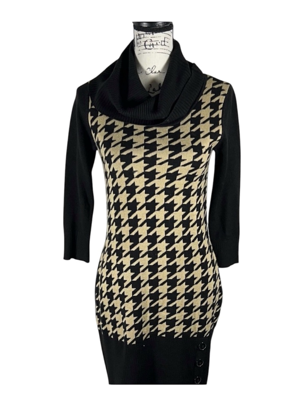 Houndstooth Cowl Neck Sweater Dress Black Tan Long Sleeve Knit Tunic Button Hem